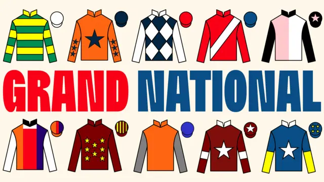 Grand National image with 10 different jockey silks on