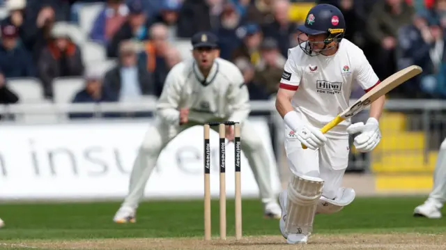 Marcus Harris after hitting a shot on the on side