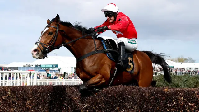 Mirabad ridden by Tristan Durrell in action during the 12:45 Hallgarten & Novum Wines Maghull Novices' Chase Action