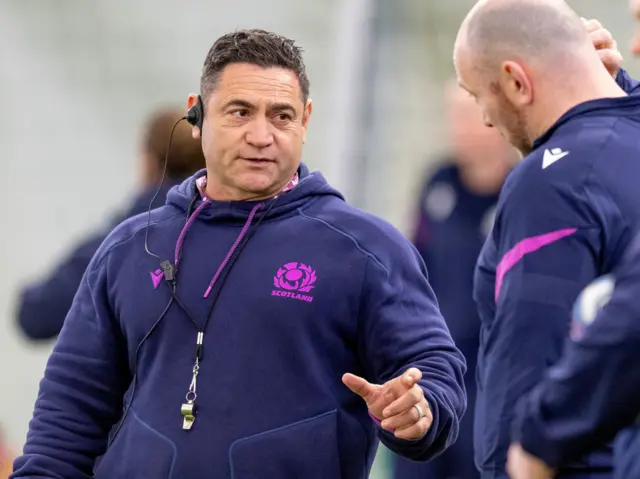 Sione Fukofuka pointing his finger during a training session with Scotland
