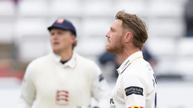 Jamie Porter celebrates taking the wicket of Lewis Goldsworthy