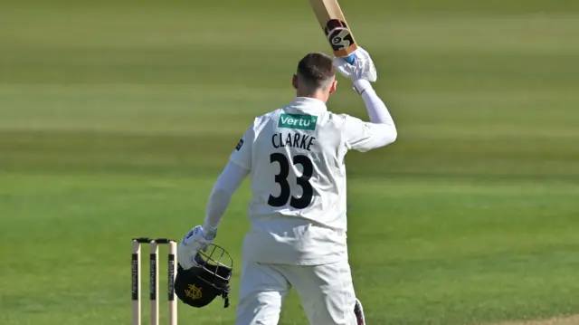 Joe Clarke celebrates getting a century for Notts against Glamorgan