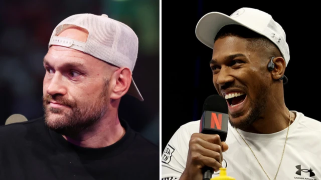 Tyson Fury wearing a baseball cap (left) and Anthony Joshua speaking into a microphone (right)
