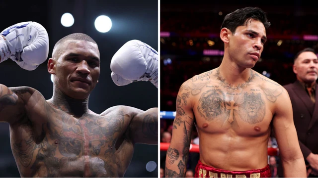 Conor Benn holds up his gloves (left) and Ryan Garcia is shirtless (right)
