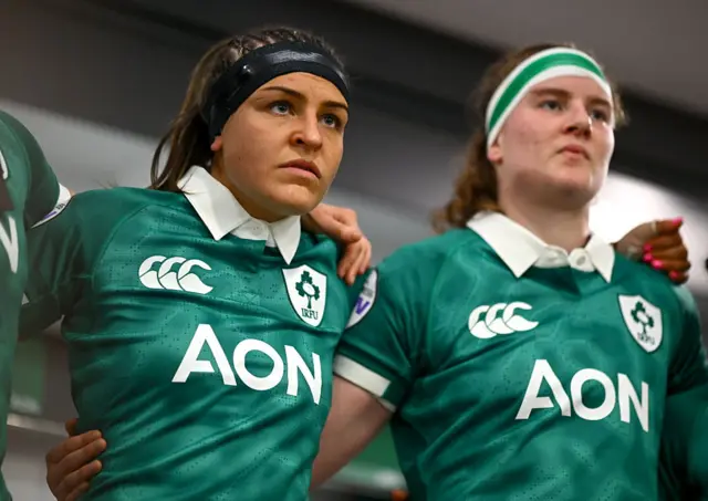 Ireland players Erin King, left, and Ruth Campbell in the dressing room