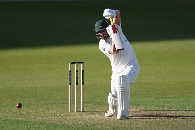 Lewis Hill plays a cover drive for Leics against Surrey