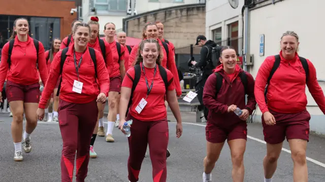 Wales players walking to the Principality Stadium