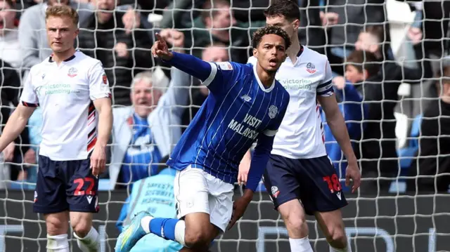 Omari Kellyman of Cardiff City celebrates scoring a goal to make the score 1-0
