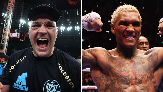 Tyson Fury (left) screams and Conor Benn (right) holds up his arms