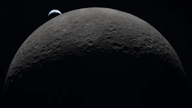 Earth sets at 6:41 p.m. EDT, April 6, 2026, over the Moon’s curved limb in this photo captured by the Artemis II crew during their journey around the far side of the Moon. Orientale basin is perched on the edge of the visible lunar surface. Hertzsprung Basin appears as two subtle concentric rings, which are interrupted by Vavilov, a younger crater superimposed over the older structure. The lines of indentations are secondary crater chains formed by ejecta from the massive impact that created Orientale. The dark portion of Earth is experiencing nighttime. On Earth’s day side, swirling clouds are visible over the Australia and Oceania region.