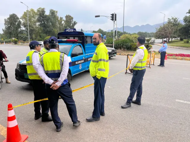 A police checkpoint in Islamabad ahead of US and Iran peace talks in Pakistan