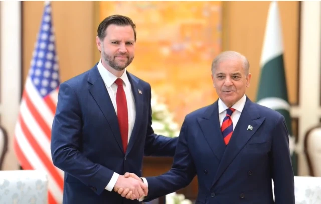 Vance and Shehbaz Sharif in suits, shaking hands and looking at the camera.