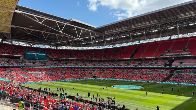 Wembley Stadiun with blue skies and sun shining before kick-off in the EFL Trophy final between Luton and Stockport