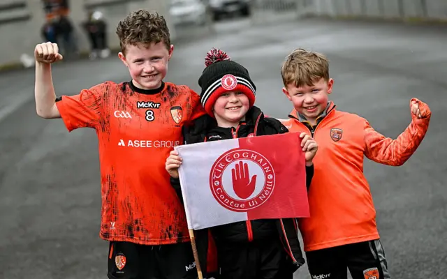 Supporters Daire, left, Fionn, centre, and Cillian Nixon before the Ulster GAA Football Senior Championship Preliminary Round match between Armagh and Tyrone