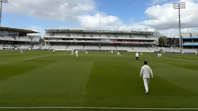 A view from one of the stands with a side-on view at Lord's