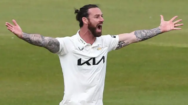 Surrey's Jordan Clark appeals unsuccessfully for lbw against Leicestershire