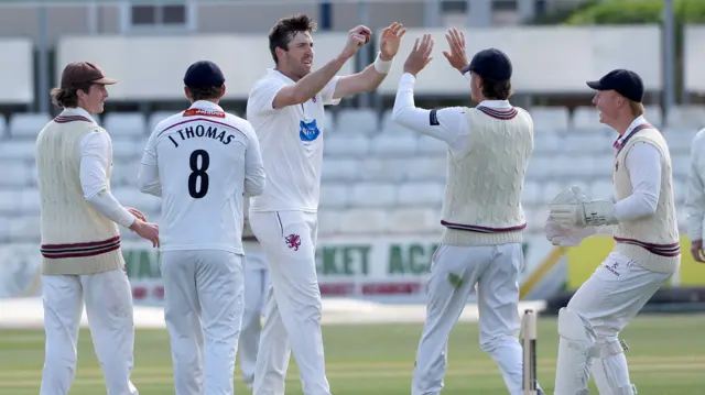 Craig Overton (middle) high fives Somerset team-mates after taking an Essex wicket