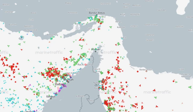 A screenshot of MarineTraffic showing the locations of ships near the Strait of Hormuz, there are hundreds of points marked