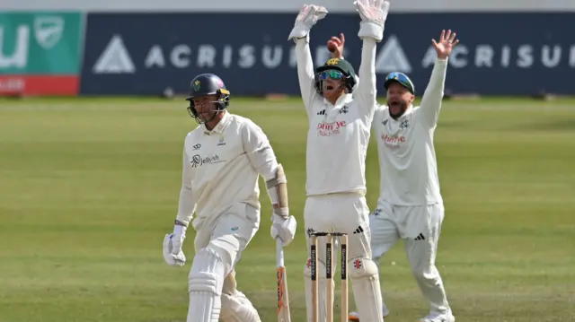 Notts fielders appeal as Timm van der Gugten stands there before being given out lbw