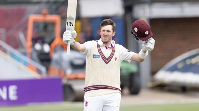 Somerset's Craig Overton celebrates a century against Essex