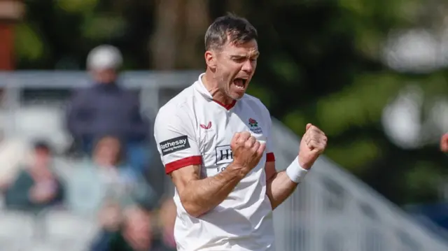 James Anderson celebrates a wicket for Lancs at Derbys