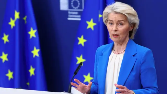 European Commission President Ursula von der Leyen speaks at a press conference in Brussels