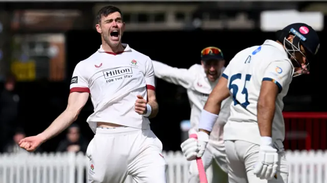 James Anderson celebrates a wicket against Derbys