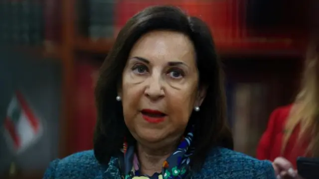 A head and shoulders picture of Margarita Robles speaking at a press conference, wearing a blue jacket and a blue scarf with a flower pattern.