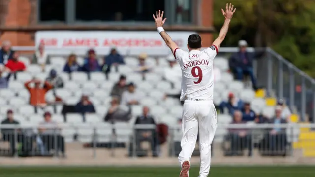 Jimmy Anderson celebrates for Lancs against Derbys