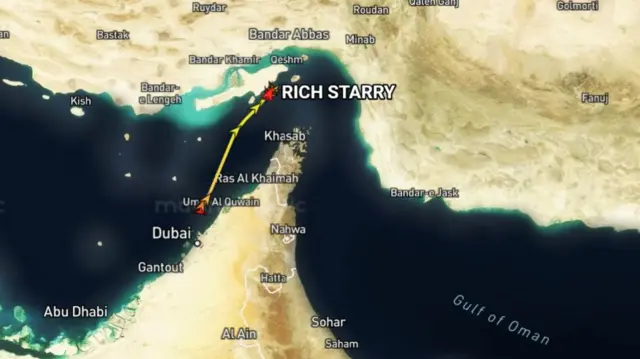 A screenshot showing the path of Rich Starry, it heads north towards the Iranian side of the Strait of Hormuz then turns back on itself