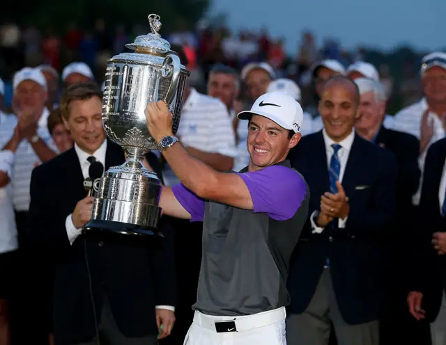 Rory McIlroy celebrates with the Wanamaker trophy