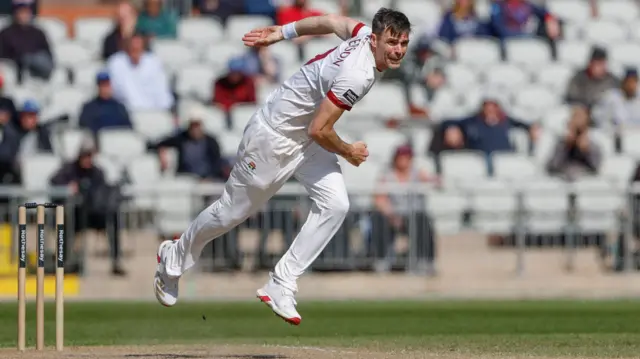 James Anderson bowling for Lancs against Derbys