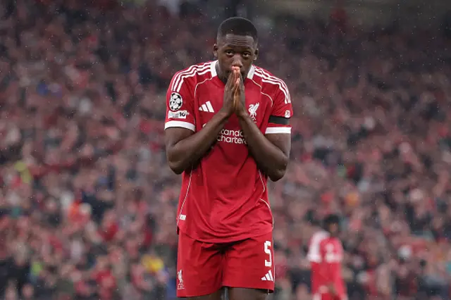 Ibrahima Konate of Liverpool reacts