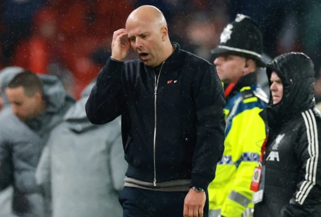 Liverpool manager Arne Slot looks dejected