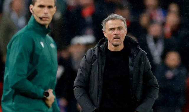 Paris St Germain coach Luis Enrique looks on