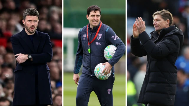 Michael Carrick (left), wearing a black coat with his arms folded; Andoni Iraola, wearing navy tracksuits with a whistle on a red strap around his neck and holding two footballs under his left arm; and Oliver Glasner (right), wearing a black coat and clapping his hands