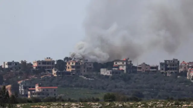 Smoke rises from a collection of buildings in southern Lebanon. The sky is grey and the buildings are surrounded by dark green bushes and trees.