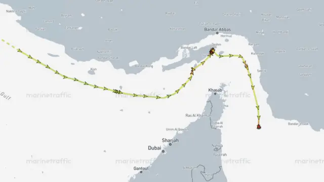 A screengrab from ship-tracking site MarineTraffic showing the Elpis' course from west to east through the Strait of Hormuz