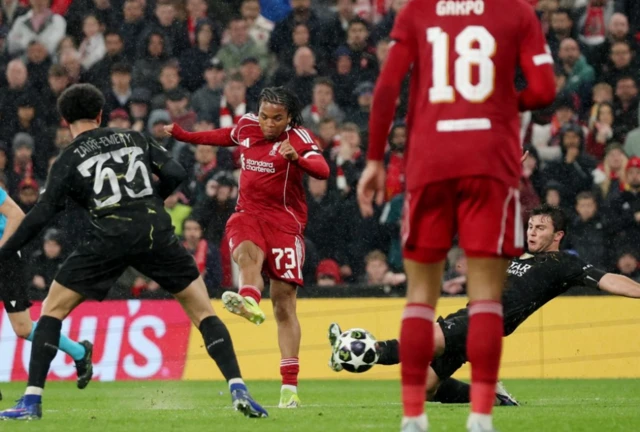 Liverpool's Rio Ngumoha shoots at goal