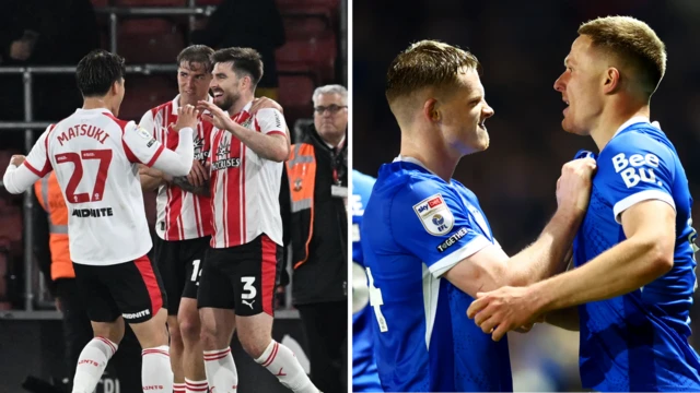 Split image showing Southampton and Portsmouth players celebrating