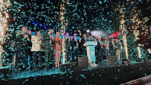 Nigel Farage and Malcolm Offord with candidates and ticker tape