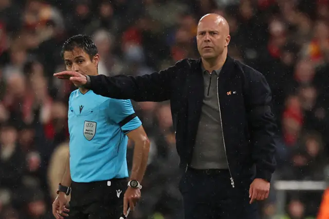 Liverpool's Dutch manager Arne Slot gestures on the touchline