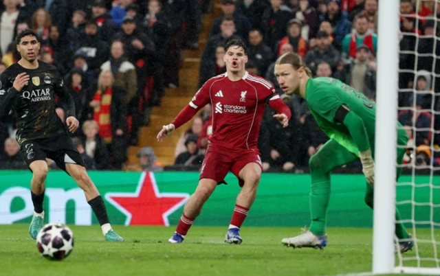 Liverpool's Milos Kerkez shoots at goal