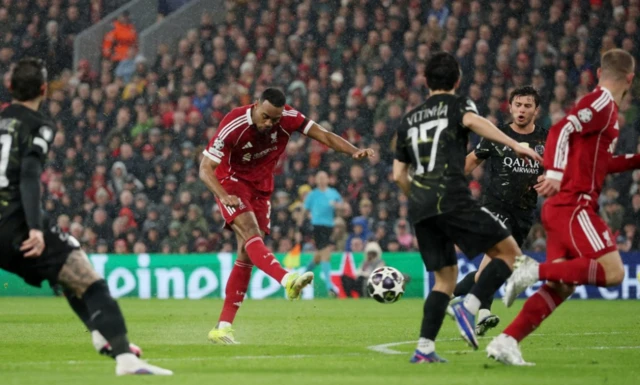 Liverpool's Ryan Gravenberch shoots at goal