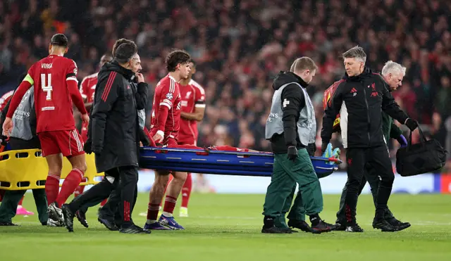 Hugo Ekitike of Liverpool is stretchered off