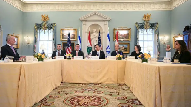 US Secretary of State Marco Rubio (C), alongside US State Department Counselor Michael Needham (3L) and US Ambassador to Lebanon Michel Issa (3R), speaks during a meeting with Lebanon's Ambassador to the US Nada Hamadeh Moawad (R) and Israeli Ambassador to the US Yechiel Leiter (L) at the State Department in Washington, DC