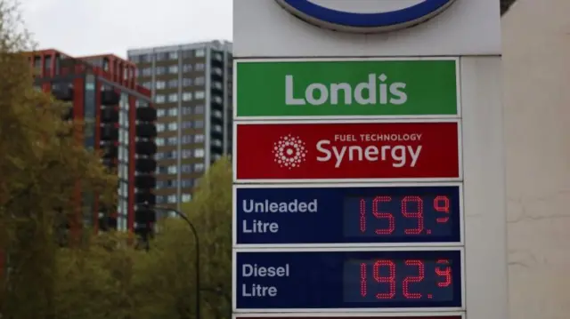 Petrol price board showing petrol at 159.9 pence and diesel at 192.9 pence