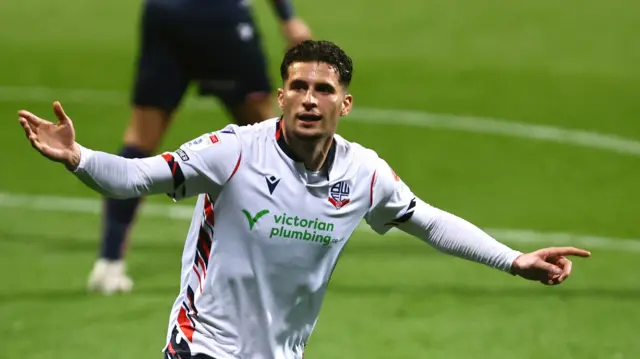 Ruben Rodrigues celebrates scoring Bolton's fourth goal against Stevenage