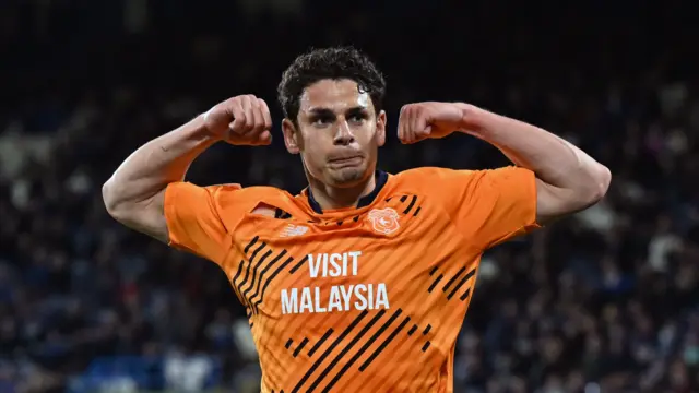 Yousef Salech celebrates equalising for Cardiff at Huddersfield