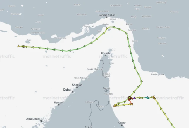 A map of the route taken by Alicia, heading through the Strait of Hormuz to the west into the Gulf near Iran’s Kish island